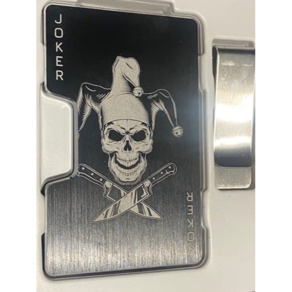 Engraved Aluminum Wallet for Men - Slim Money Clip & Card Holder, Skull Joker - Picture 1 of 3
